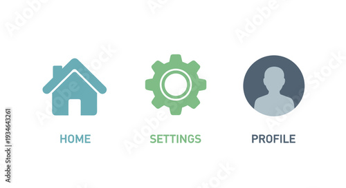 Web application navigation icons for home settings and profile, Generative AI.