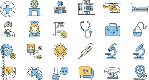 Medical icon set, healthcare symbols, hospital graphics, doctor tools, patient care visuals, blue yellow theme, vector pack, minimal design