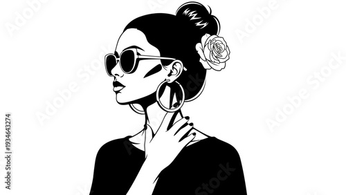 Stylish Woman with Sunglasses and Rose in Hair, Black and White Portrait
