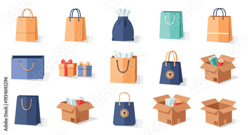 Collection of colorful shopping bags and cardboard boxes with gifts for ecommerce and retail concepts, Generative AI.