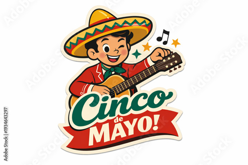 Retro 1950s Style Cinco de Mayo Sticker of a Happy Young Musician Tuning His Guitar for a Festive Performance