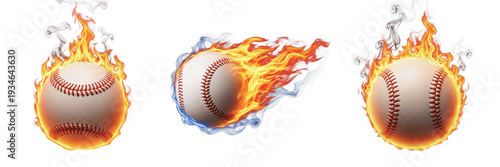Canvas Print Set of Baseball Balls on Fire with Realistic Orange Flames and Smoke Isolated on