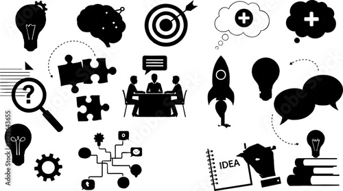Business innovation and creative thinking icon set with lightbulb target rocket puzzle teamwork silhouettes, flat vector illustration