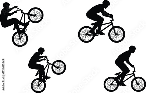 BMX rider silhouette set, extreme sports action, bicycle stunts, mountain bike tricks, urban cycling, youth culture, professional cycling maneuvers, and athleticism.