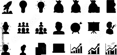 Business startup and growth icon set with rocket lightbulb money bags team analytics charts, flat vector illustration