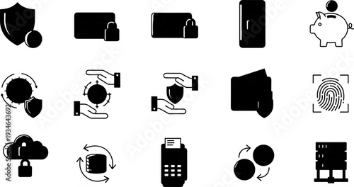 Cyber security and data protection icon set with shield lock fingerprint cloud database symbols, flat vector illustration