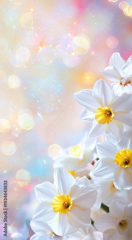 Obraz premium Festive banner with spring flowers, white daffodils. Pastel background. Bokeh.