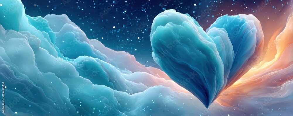 Fototapeta premium Blue heart shaped ice fractal in a starry sky symbolizing love and wonder