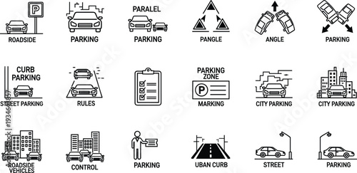 City parking icon set featuring roadside vehicles, parallel parking, street rules, angle parking, urban curb, parking zone marking, and traffic control.