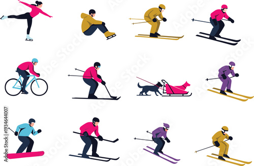 Collection of winter sports athletes featuring flat vector illustrations of skiing, ice skating, snowboarding, cycling, and dog sledding activities,