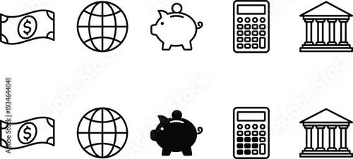 Finance and banking icon set, line and solid vector symbols for money, savings, global economy and accounting