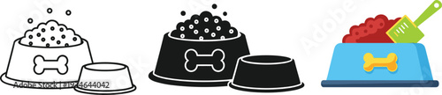Pet food bowl icons set with dry kibble, water dish, and scoop in outline, silhouette, and flat vector illustration styles.