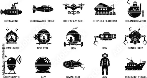 Deep sea exploration icon set featuring submarine, underwater drone, ROV, research vessel, diving suit, submersible, sonar buoy, and oceanographic technology.