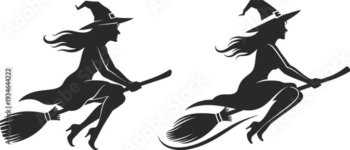 Two black silhouette witches flying on broomsticks in a spooky night