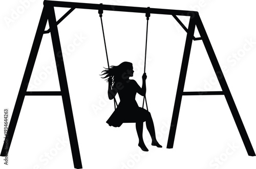 Girl on a swing silhouette, playground outdoor activity, childhood memories, summer leisure time, peaceful garden scene, youth freedom, and recreational relaxation.