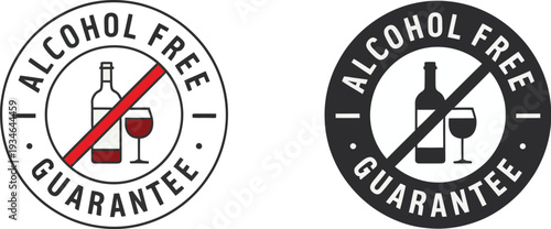 Alcohol Free Guarantee Certification Stamp Set with Bottle and Glass Icon for Beverage Packaging, Quality Assurance, and Healthy Lifestyle Branding
