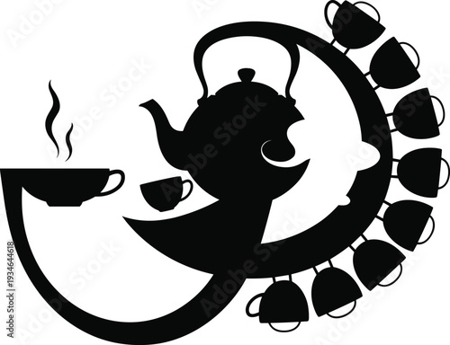 Teapot vector illustration, teacup spiral silhouette design, beverage inspiration art, kitchen decoration graphics, hot drink flat vector illustration content SEO