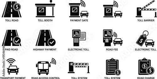 Toll road payment icon set featuring highway booth, electronic gate, toll barrier, road fee, transport payment, and access control collection symbols.
