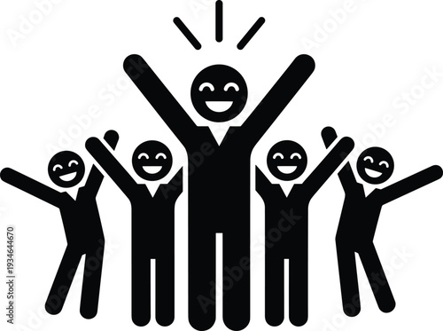 Successful leader celebrating with happy team members hands raised in joy achievement victory business partnership winning cooperation and motivated corporate