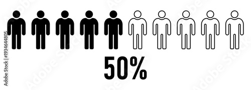 Male population statistics concept showing fifty percent majority and minority comparison with men figures demographic equality social analysis marketing research survey data visualization