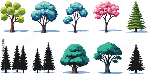 Various tree collection vector illustration, deciduous and pine forest trees isolated on white background for landscape design