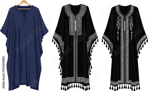 Traditional kaftan fashion set, ethnic tunic with embroidery, modest clothing apparel, cultural garment design, folk dress, and cad drawing flat vector.