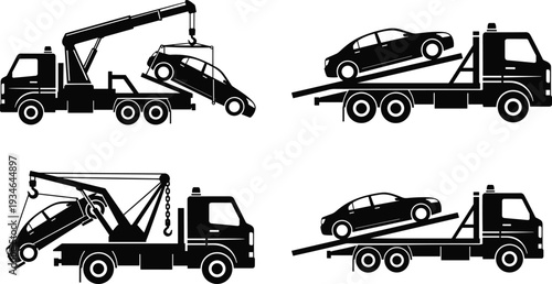 Tow truck silhouette set, roadside assistance recovery vehicles, flatbed towing service, car breakdown transport, emergency haulage, and automotive rescue icons.