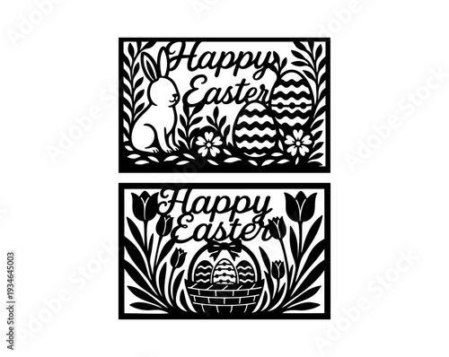 Happy Easter Bunny and Tulip Papercut Silhouette Panels