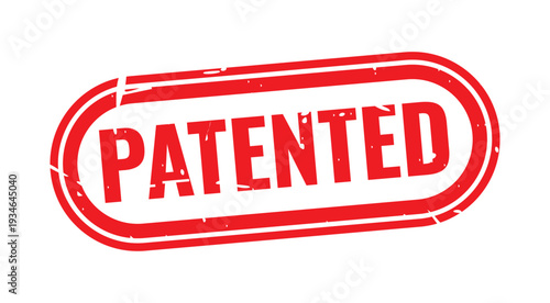 Patented stamp: A bold Patented stamp, rendered in a striking red hue, asserts the protected status of an invention. The worn texture adds a vintage feel.