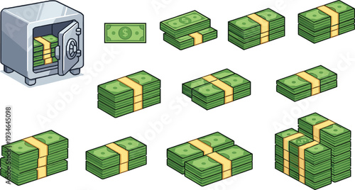 Vector illustration of stacks of green paper money cash, isometric dollar bills bundles, and open metal bank safe vault, finance