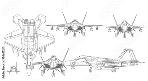 Military Jet AutoCAD Blueprint Vector – Multi View Fighter Aircraft Technical Drawing