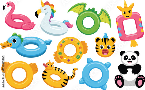 Set of cute inflatable swimming pool floats in fun animal shapes like flamingo, unicorn, dragon, duck, panda, and tiger. Summer fun, water toys, and vacation.