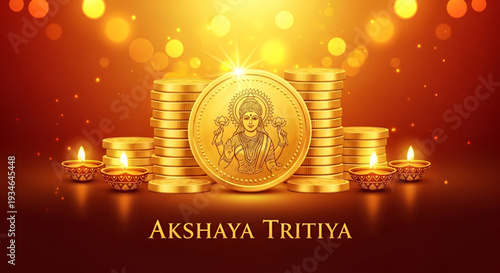 Akshaya Tritiya vector prosperity wealth concept with gold coins goddess diya and festive light background for hindu festival celebration greeting design