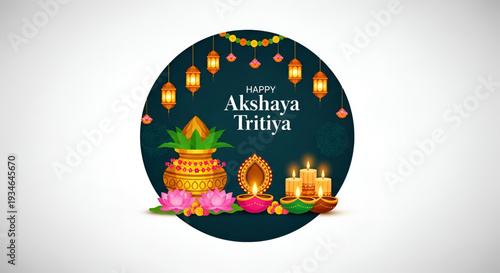 Prosperity celebration Akshaya Tritiya vector greeting design with golden kalash lotus diya lantern and traditional hindu festival decoration background