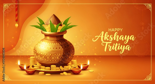 Akshaya Tritiya vector festival banner design with traditional kalash coconut gold coins diya lamps and glowing orange background for hindu prosperity celebration greeting