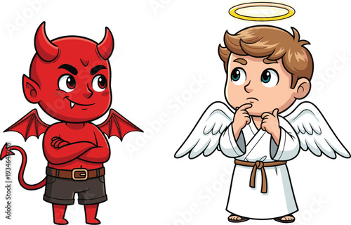 Angel and Devil Cartoon Characters Illustration, Cute Good and Evil Kids Isolated on White Background for Moral Concept Design
