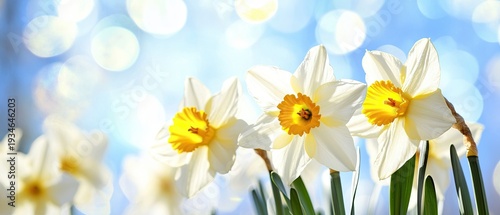 Spring floral background: daffodils against a clear blue sky, bokeh banner