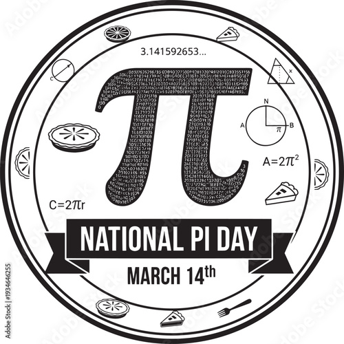 National Pi Day celebration banner with mathematical symbols and formulas on March 14th vintage chalkboard background