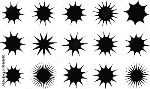Set of black spiky star shapes and radiating designs on white background, versatile graphic elements for abstract concepts, impact, or bursts