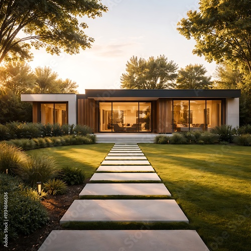 Modern home with large windows and lush garden