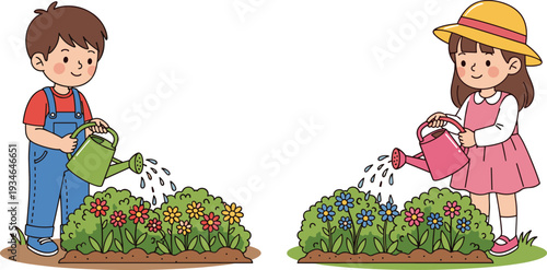Cute Kids Watering Garden Flowers Cartoon Illustration, Happy Children Gardening Outdoor Spring Nature Activity Design