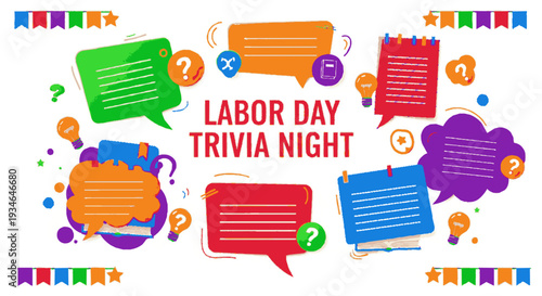 Vibrant labor day trivia night event with colorful speech bubbles and question marks on white background