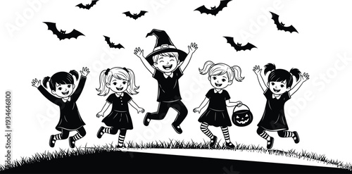 Happy Halloween Kids Silhouette Jumping with Bats and Pumpkins, Spooky Cute Children Trick or Treat Illustration Design