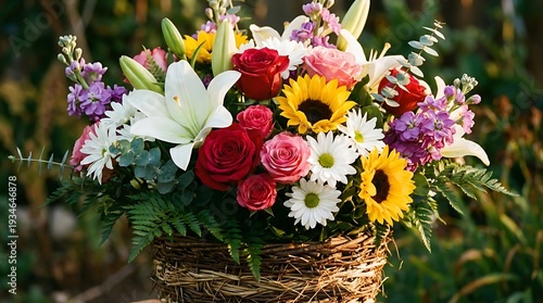 Vibrant flower arrangement in woven basket