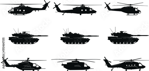 Military Vehicle Silhouette Collection, Helicopter and Tank Army Transport Set Isolated on White Background Vector Illustration