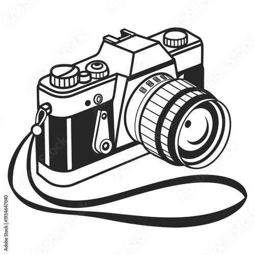 A classic vintage 35mm film camera with a black lens is isolated on a white background as a retro photographic equipment vector illustration of antique technology