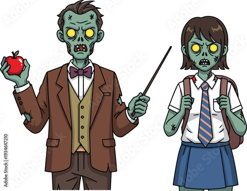 Zombie Teacher and Student Cartoon Illustration, Scary Undead School Characters Isolated on White Background for Halloween Design