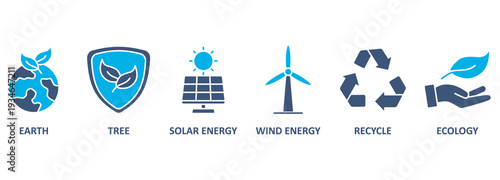 Environment banner web icon vector illustration concept with icon of earth, tree, solar energy, wind energy, recycle, ecology