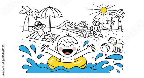 Happy child swimming in the ocean with inflatable ring.