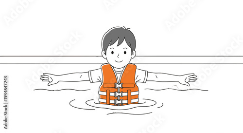 Child wearing orange life jacket floating in water safety illustration.